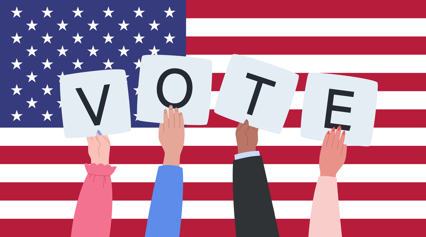 Illustration of four hands holding up signs spelling VOTE in front of an American flag